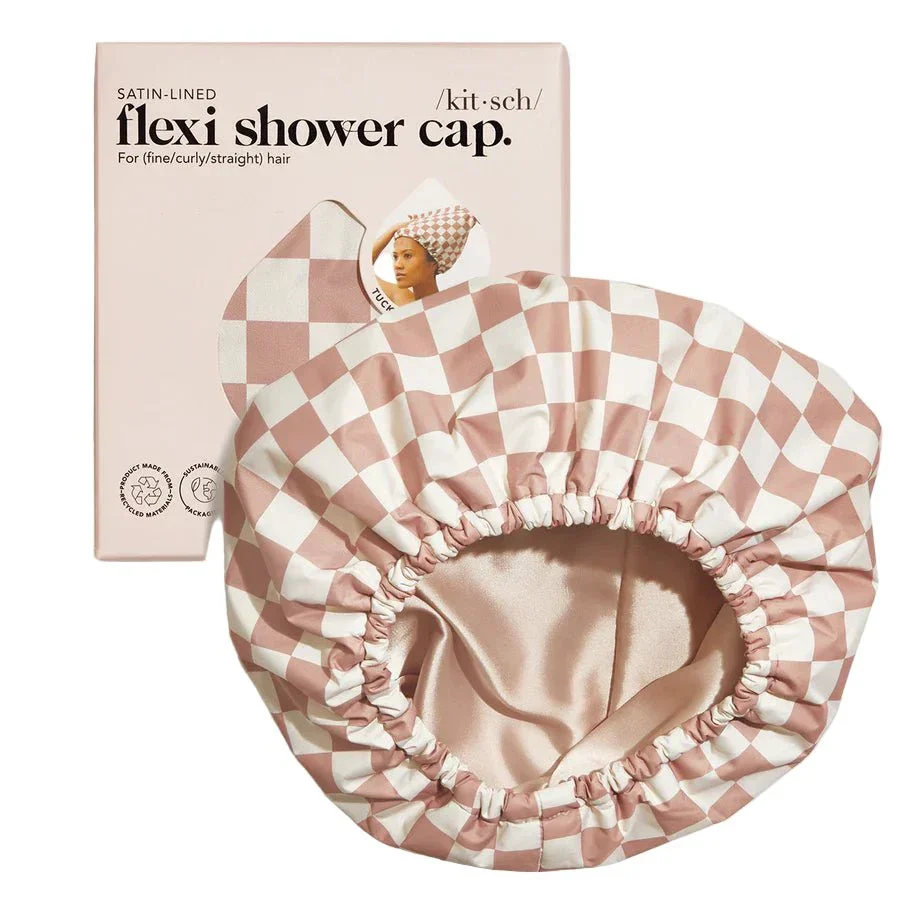 Kitsch Satin-Lined Flexi Shower Cap - Terracotta Checker