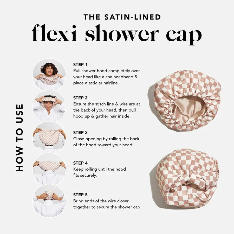 Kitsch Satin-Lined Flexi Shower Cap - Terracotta Checker - Image 2