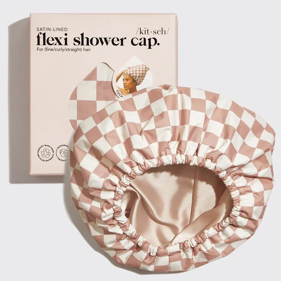 Kitsch Satin-Lined Flexi Shower Cap - Terracotta Checker - Image 3