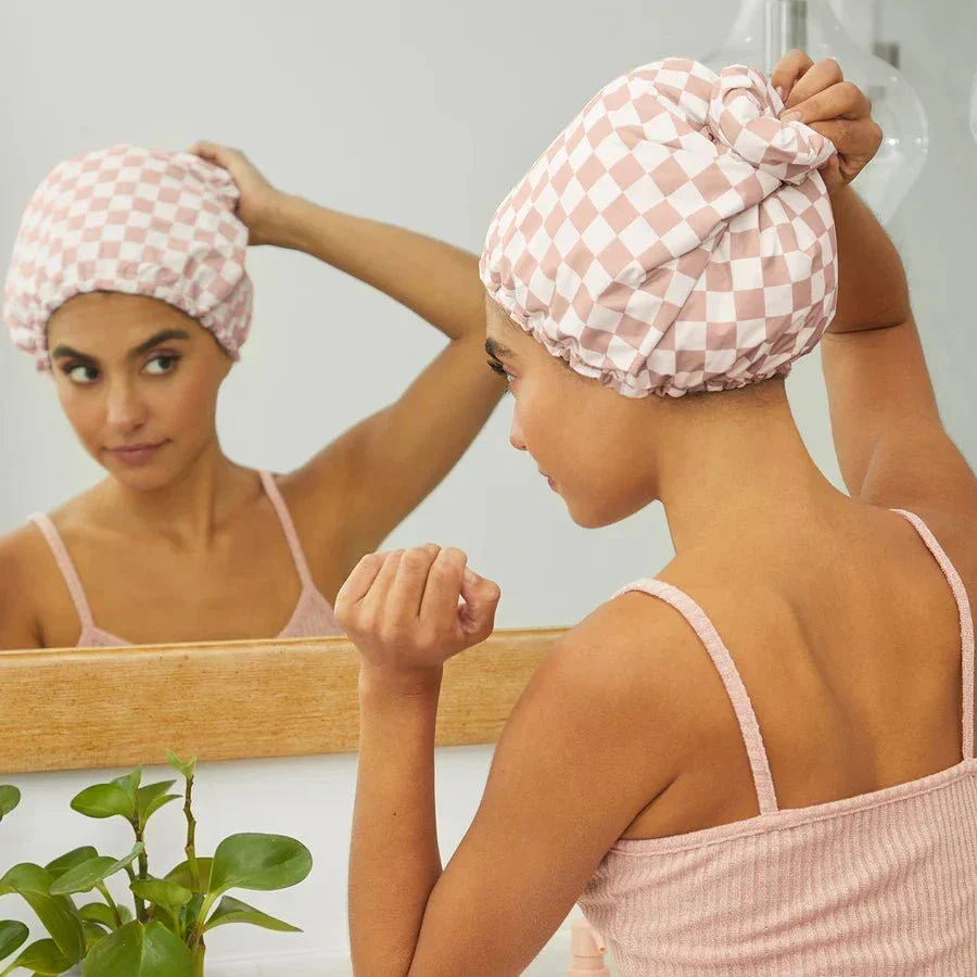 Kitsch Satin-Lined Flexi Shower Cap - Terracotta Checker - Image 5