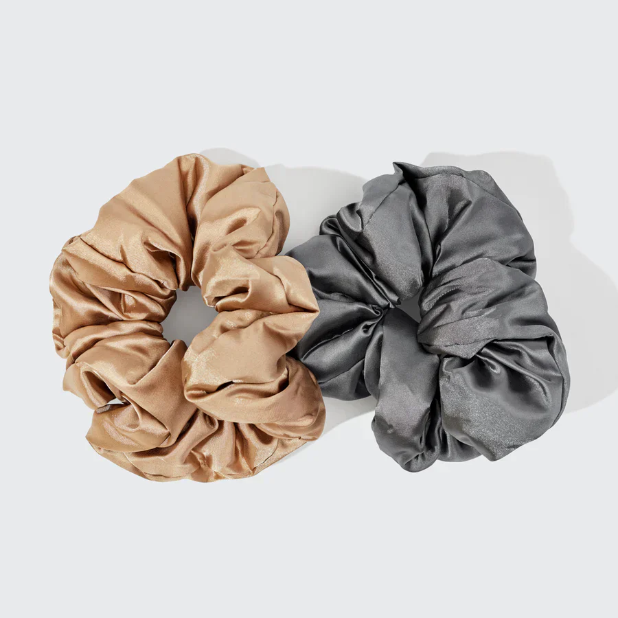 Kitsch Satin Pillow Scrunchies 2pc Set - Charcoal & Gold - Image 4